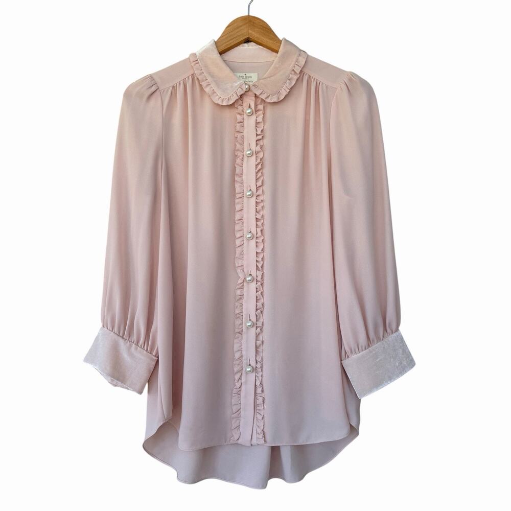 Kate Spade Pearl Button Blouse Velvet Peter Pan Collar Long Sleeve Top size M